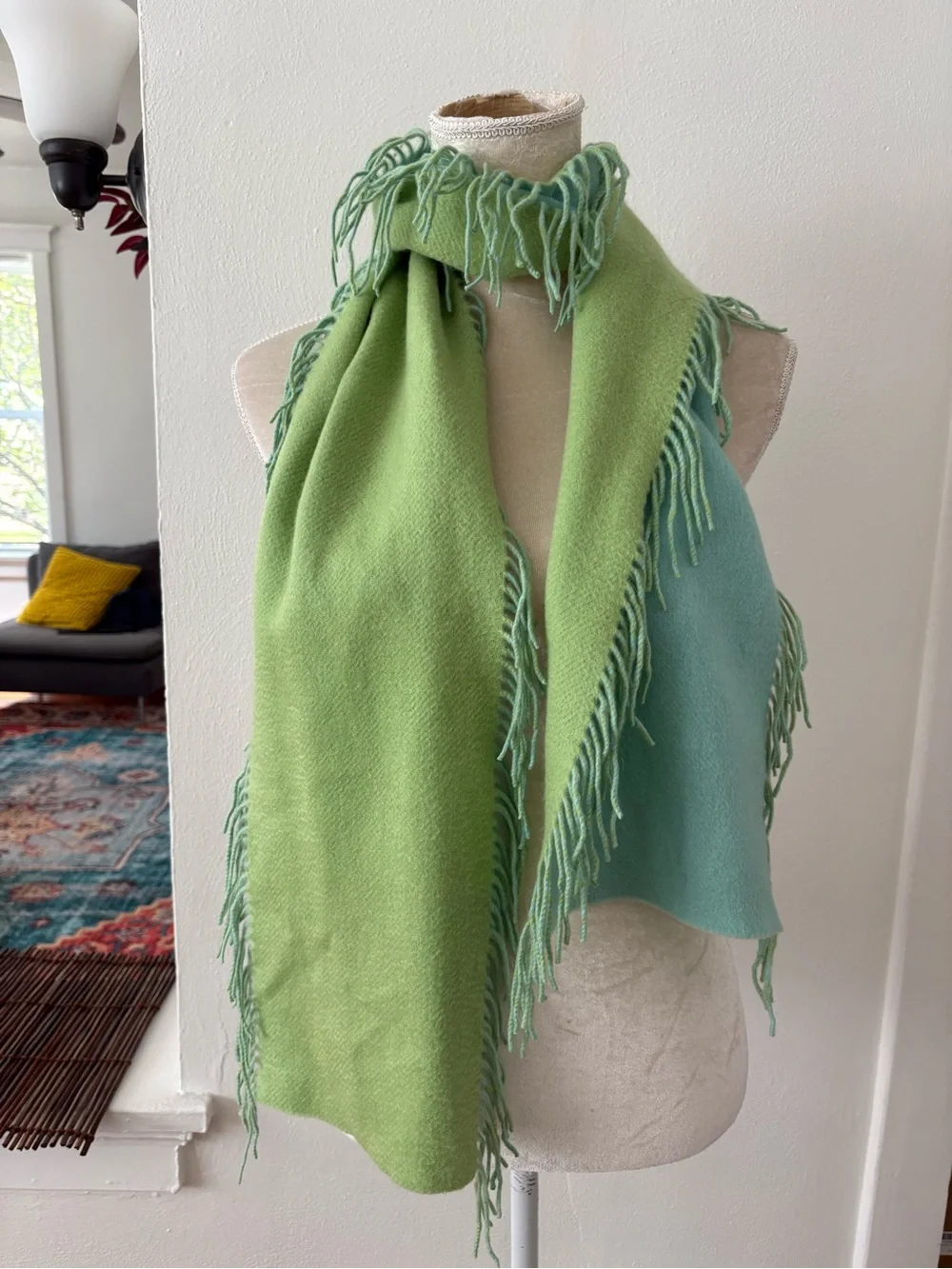 Castlerig 100% cashmere artsy scarf aqua green blue *flaws